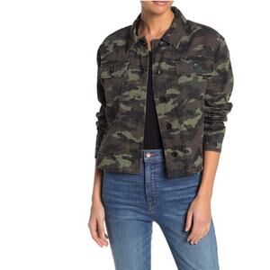 John + Jenn Camo Print Jean Jacket Cropped Olive Green Brown Cargo Coat Small